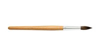 Wooden handle paintbrush with dark synthetic bristles and metal ferrule, isolated on white background for design and art projects.