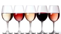Row of wine glasses filled with different varieties from white to red and rose wines on white background, elegant composition for wine tasting events and menus.