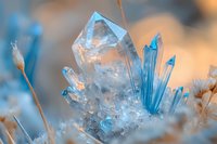 Luminous crystal formation in blue and white tones with delicate mineral structures against soft bokeh background, macro photography showing natural geometric patterns.