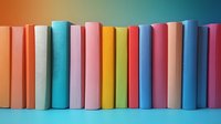 Colorful book spines arranged in row against gradient background, featuring vibrant pastel shades of pink, yellow, blue and orange creating modern minimalist composition.