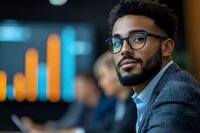 Young African American businessman wearing glasses and blazer looking confidently ahead during corporate meeting, with blurred office background and colleagues.