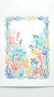 Watercolor underwater ocean scene with sea turtles, seahorses, tropical fish, coral reef and seaweed border frame for marine themed nursery decor.
