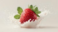 Fresh ripe strawberry with green leaves splashing into creamy white milk creating dynamic splash effect on neutral background for food advertising.