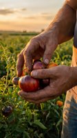 Farmer hands holding fresh ripe plums at sunset in orchard field during harvest season showcasing organic fruit agriculture and farming lifestyle.