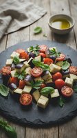 Mediterranean vegetable salad with cherry tomatoes, eggplant, cheese cubes and fresh herbs on slate plate with olive oil for healthy dining.