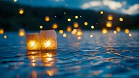 Glowing paper lanterns floating on water surface at dusk with bokeh lights creating magical atmosphere. Peaceful zen meditation and spiritual concept.