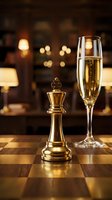 Golden chess king piece beside champagne flute on wooden table with warm bokeh lights background symbolizing victory celebration and strategic success.