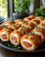 Crispy breaded chicken rolls filled with melted mozzarella and pepperoni, garnished with fresh herbs on dark plate. Homestyle Italian appetizer for party menu.