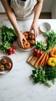 Woman in linen shirt arranging fresh organic vegetables on marble countertop for healthy meal preparation and cooking.
