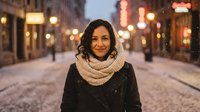 Young woman with dark hair wearing knit scarf smiling on snowy city street at night with warm glowing lights and bokeh background for winter lifestyle content.
