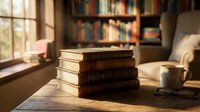 Stack of vintage books on wooden table with coffee cup in cozy library setting with warm sunlight streaming through window creating peaceful reading atmosphere.