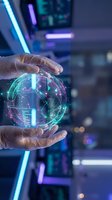 Hands holding holographic digital globe with network connections and data visualization in futuristic technology environment for business innovation.