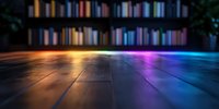 Colorful light reflections on wooden floor with blurred bookshelf background create atmospheric mood for interior design and reading concepts.