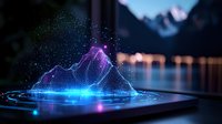 Digital mountain landscape emerging from smart device screen with glowing particles and neon lights against blurred city background at night. Futuristic technology concept.
