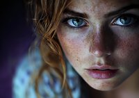 Close up portrait of young woman with intense blue eyes, natural freckles, and strawberry blonde hair against dark background, dramatic lighting highlights facial features.