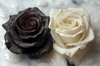 Black and white roses with water droplets in close-up macro photography, showing contrasting petals with delicate dewdrops creating romantic mood.