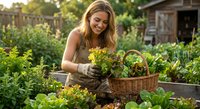 Young blonde woman harvesting fresh vegetables in organic garden with wicker basket during golden hour sunset for healthy lifestyle and sustainable living.