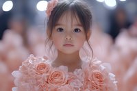 Young Asian girl in pink floral dress with roses, soft bokeh background, gentle portrait with natural lighting and dreamy atmosphere for wedding or celebration themes.