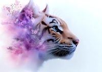 Majestic tiger profile with ethereal purple floral elements and magical sparkles dissolving into soft white background, showcasing blend of wildlife and fantasy art.