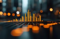Glowing orange audio equalizer bars with bokeh light effects on dark reflective surface, creating futuristic visualization for music and sound technology background.
