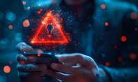 Glowing red warning triangle with exclamation mark hovers over smartphone in hands against dark blue background with bokeh lights, representing cybersecurity threat.