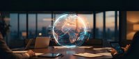 Business professionals analyzing global data visualization hologram in modern office meeting room during strategic planning session.