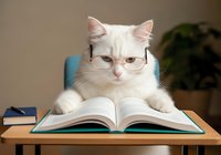 White cat wearing eyeglasses sitting at wooden desk reading open book. Suitable for education, learning, humor, pet-related content, back-to-school materials, and office environments.
