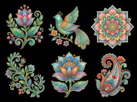 Six colorful folk art elements isolated on transparent background, featuring floral motifs, a decorative bird, mandala, and paisley for t-shirt design, stickers, and print on demand.