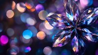 Crystal flower with prismatic reflections against colorful bokeh lights background for luxury jewelry design and decorative art projects.