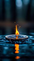 Glowing orange water drop impact creating flame-like splash crown with sparks against dark blue background, captured in high-speed macro photography.