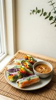 Fresh spring rolls with colorful vegetables and herbs served with peanut dipping sauce on a bamboo placemat by a bright window, ideal for food blogs and healthy eating content.