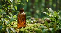Amber glass bottle with cork stopper on mossy forest floor surrounded by lush green ferns and foliage in natural sunlight.