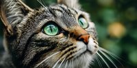 Close-up portrait of tabby cat with striking green eyes looking upward against blurred natural background.