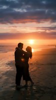 Romantic couple silhouettes embracing on beach during golden sunset with dramatic clouds and ocean waves for love and relationship concepts.