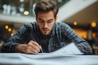 Young man with beard, Caucasian ethnicity, wearing plaid shirt, focused on writing or sketching on white paper at table in modern interior space.