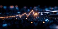 Glowing music wave visualization with turntable needle in dark blue atmosphere with bokeh lights, creating magical audio spectrum display for music concept.