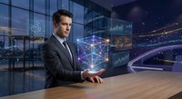 Professional businessman in suit presenting holographic network data visualization with glowing connections and charts in modern office environment.