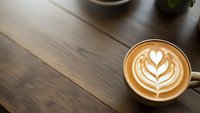 Coffee cup with heart latte art on wooden table in cafe setting. Barista crafted cappuccino with milk foam design for coffee shop menu and lifestyle.