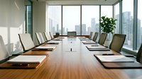 Empty corporate boardroom with long wooden table, leather chairs, documents, and city skyline view through floor-to-ceiling windows.