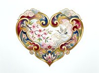 Ornate heart-shaped decorative frame with baroque scrollwork, floral botanical elements, and rich jewel tones in gold, red, and blue. Isolated design element.