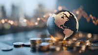 Global economy concept with metallic world globe surrounded by stacked coins and glowing bokeh lights, representing international finance and worldwide investments.
