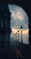 Atmospheric evening cityscape with illuminated vintage street lamps along curved path, framed by stone arch, historic architecture silhouette against moody sunset sky.
