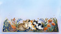 Three cute cats resting together among colorful wildflowers in a soft watercolor style, perfect for greeting cards, prints, and nursery decor.
