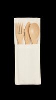 Wooden cutlery set with fork, knife, and spoon in natural wood finish, packaged in cream cotton pouch. Isolated on transparent background, ready for t-shirts, clipart, stickers, and print-on-demand designs.