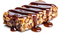 Homemade protein bars with peanuts and chocolate drizzle on white background, nutritious snack for fitness enthusiasts and healthy eating.