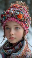 Young Caucasian girl wearing ornate knitted winter hat decorated with colorful beads, pearls and embellishments. Bright blue eyes and natural makeup look paired with matching knit scarf.