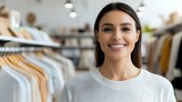 Young Hispanic woman with bright smile wearing white sweater in retail clothing store, looking at camera with confident expression against blurred boutique interior.