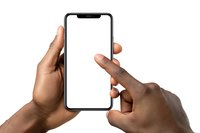 African American hands holding modern smartphone with blank white screen, finger touching display for mockup or app presentation.