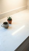 Minimalist kitchen counter with ceramic coffee mug and small succulent plant in terracotta pot on white marble surface with natural sunlight shadows.