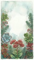 Watercolor botanical frame with succulents, red flowers, and green foliage surrounding a soft white center for text or design use.